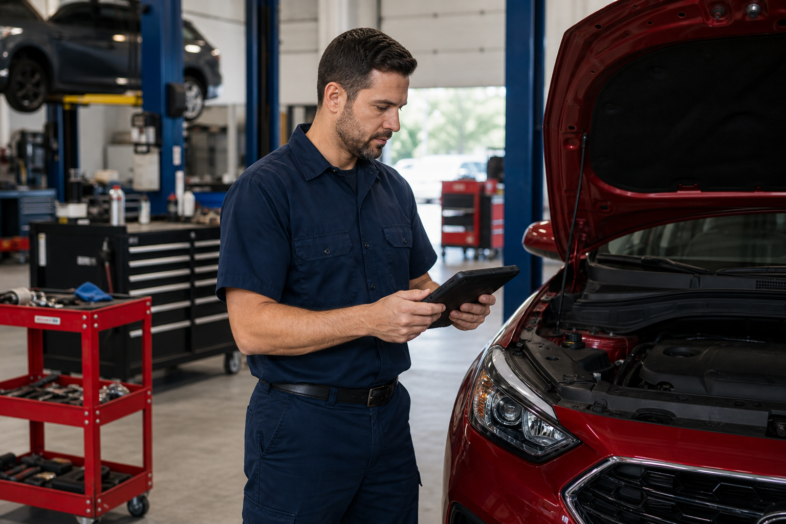 Mechanic using a diagnostic tablet beside a white SUV in a service bay
